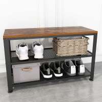 Entryway Foyer Hallway Small Spaces Vintage Oak 2-Tier Shoe Storage Rack / Shoe Bench with Seat