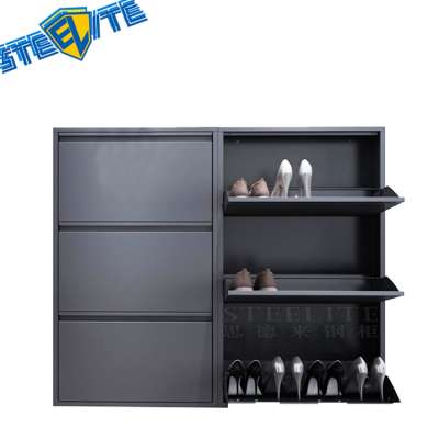 Living Room Furniture Modern Metal Shoe Rack Cabinet-Black 3 Drawers