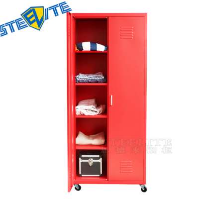 corner red two door steel wardrobe with hanging rod & 2 shelves / narrow double door wardrobe closet bedroom furniture design